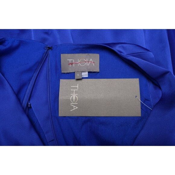 Theia Womens Candace Wrap Satin Cocktail Dress Sz 6 Blue Draped V-Neck NWT - Picture 6 of 6